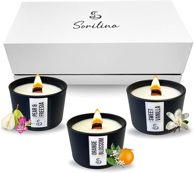 Set 3 Velas Aromáticas de Soja – Vainilla, Azahar y Pera y Fresia