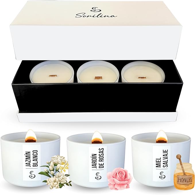 Set 3 Velas Aromáticas de Soja – Jazmín, Rosas y Miel